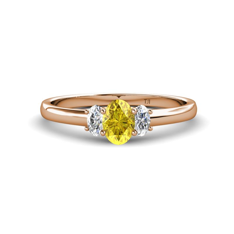 Gemma 7x5 mm Oval Cut Yellow Sapphire and Lab Grown Diamond Trellis Three Stone Engagement Ring 