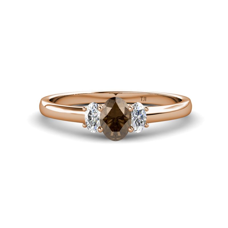 Gemma 7x5 mm Oval Cut Smoky Quartz and Lab Grown Diamond Trellis Three Stone Engagement Ring 