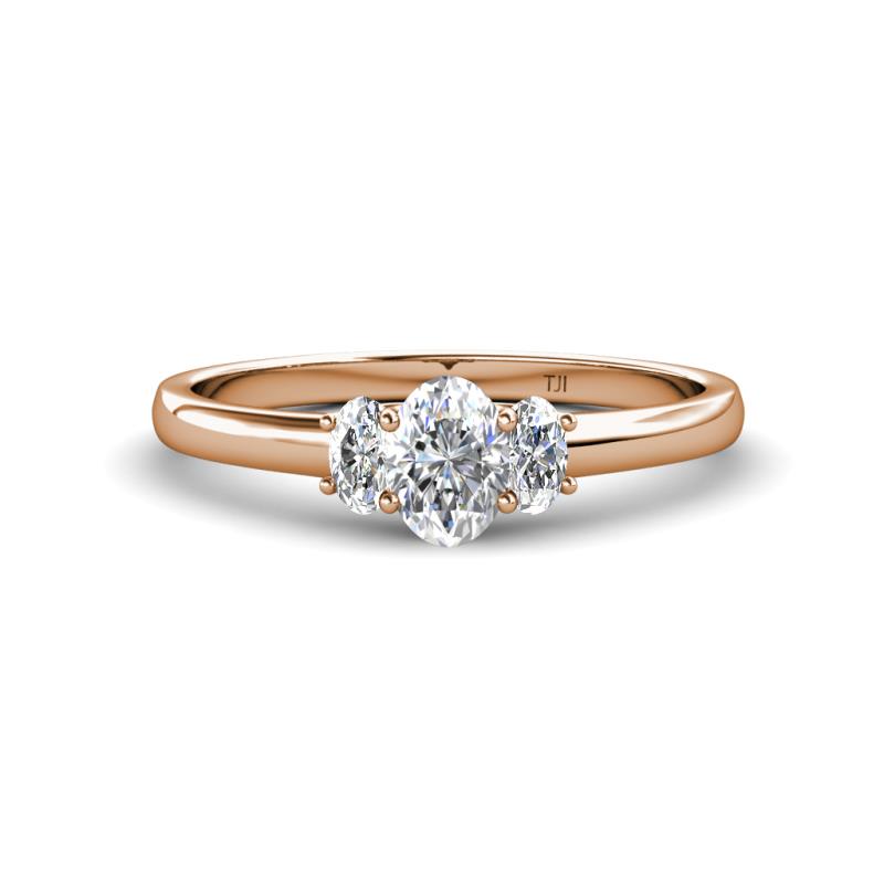 Gemma 7x5 mm Oval Cut Lab Grown Diamond Trellis Three Stone Engagement Ring 