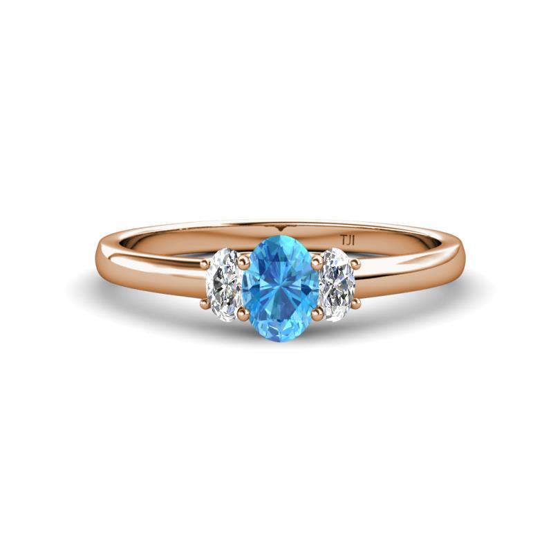 Gemma 7x5 mm Oval Cut Blue Topaz and Lab Grown Diamond Trellis Three Stone Engagement Ring 
