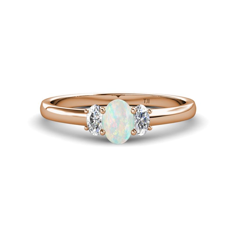 Gemma 7x5 mm Oval Cut Opal and Lab Grown Diamond Trellis Three Stone Engagement Ring 