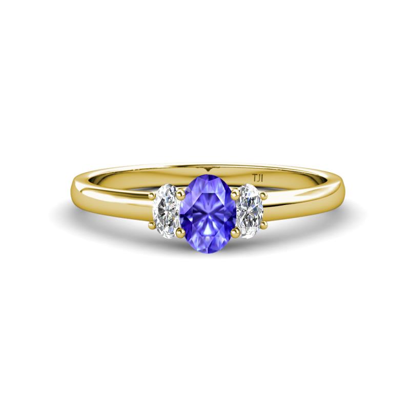 Gemma 7x5 mm Oval Cut Tanzanite and Lab Grown Diamond Trellis Three Stone Engagement Ring 