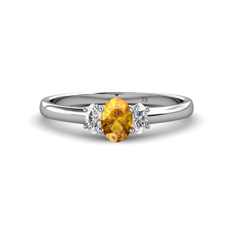 Gemma 7x5 mm Oval Cut Citrine and Lab Grown Diamond Trellis Three Stone Engagement Ring 