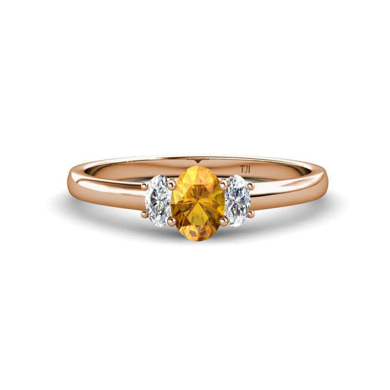 Gemma 7x5 mm Oval Cut Citrine and Lab Grown Diamond Trellis Three Stone Engagement Ring 