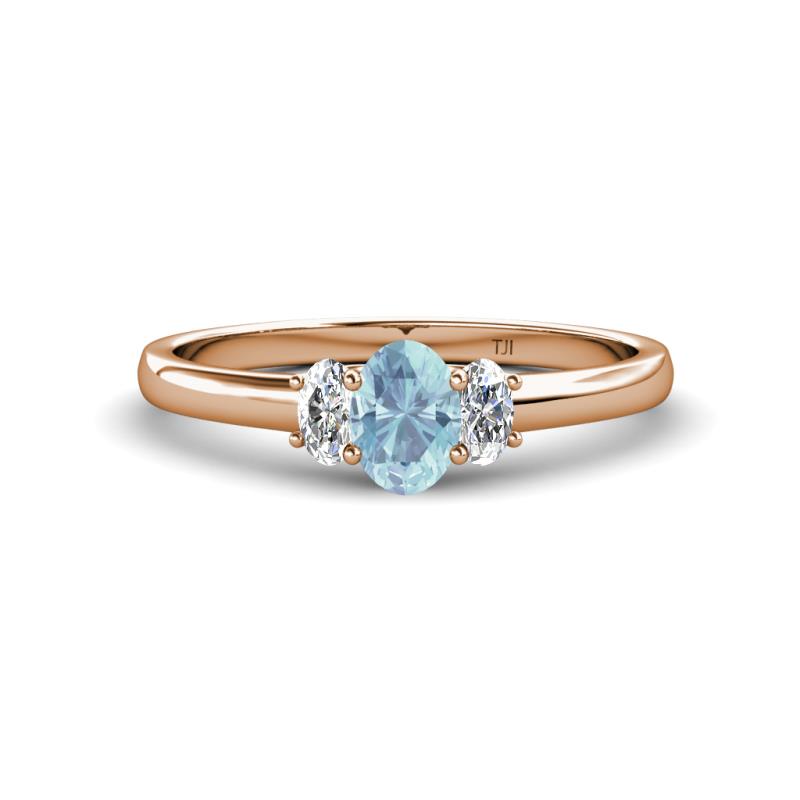 Gemma 7x5 mm Oval Cut Aquamarine and Lab Grown Diamond Trellis Three Stone Engagement Ring 