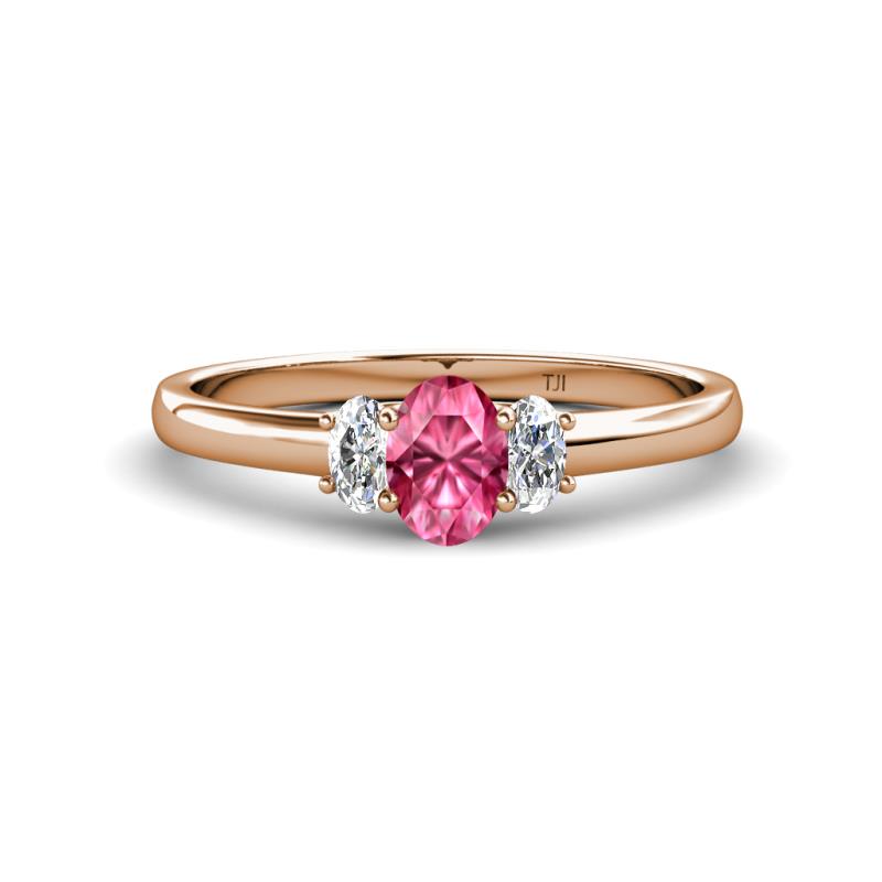 Gemma 7x5 mm Oval Cut Pink Tourmaline and Lab Grown Diamond Trellis Three Stone Engagement Ring 