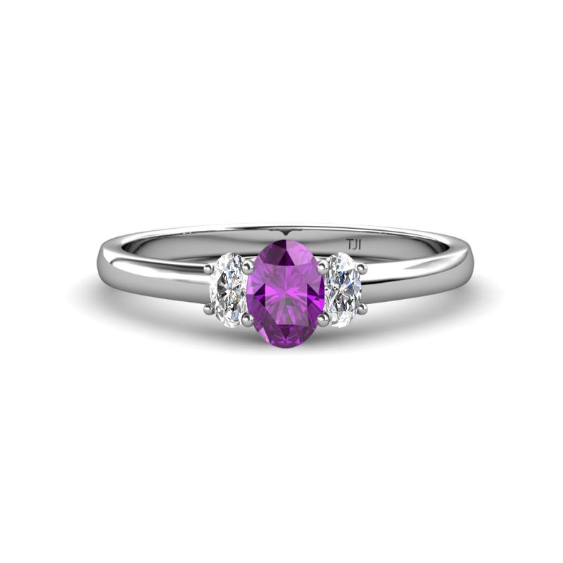 Gemma 7x5 mm Oval Cut Amethyst and Lab Grown Diamond Trellis Three Stone Engagement Ring 