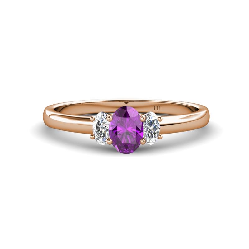 Gemma 7x5 mm Oval Cut Amethyst and Lab Grown Diamond Trellis Three Stone Engagement Ring 