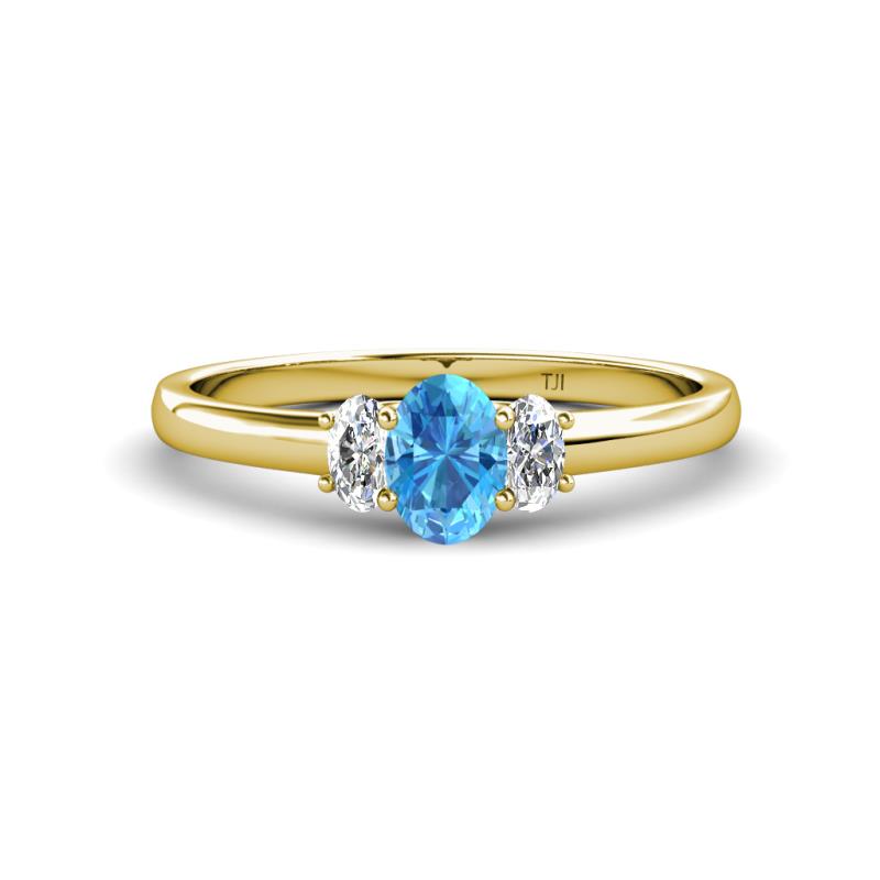 Gemma 7x5 mm Oval Cut Blue Topaz and Lab Grown Diamond Trellis Three Stone Engagement Ring 