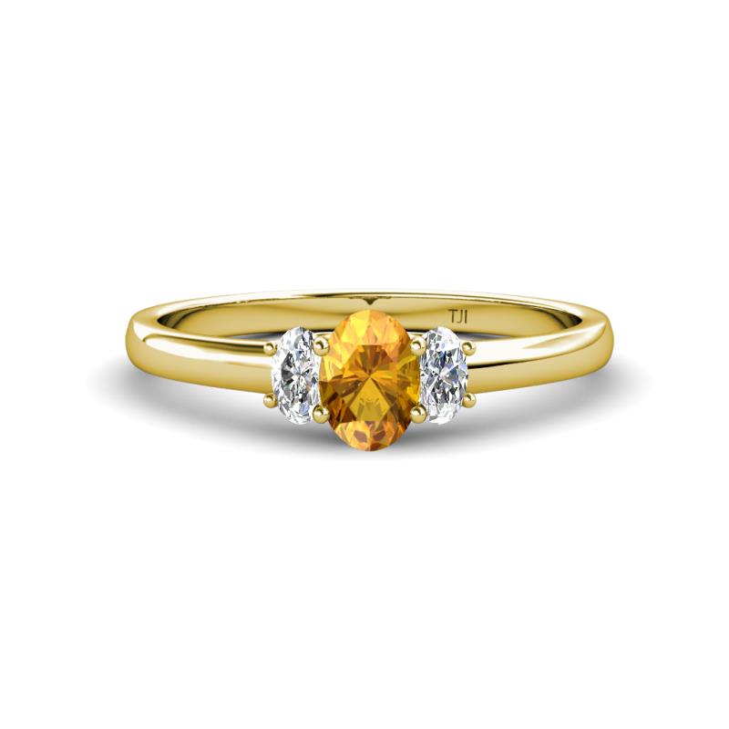 Gemma 7x5 mm Oval Cut Citrine and Lab Grown Diamond Trellis Three Stone Engagement Ring 