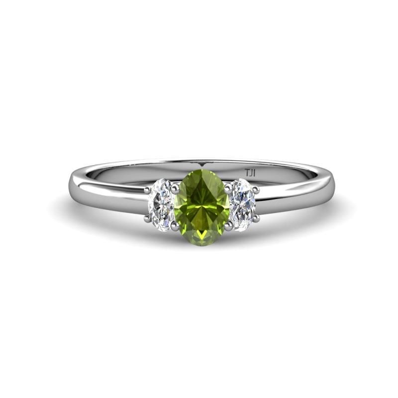 Gemma 7x5 mm Oval Cut Peridot and Lab Grown Diamond Trellis Three Stone Engagement Ring 