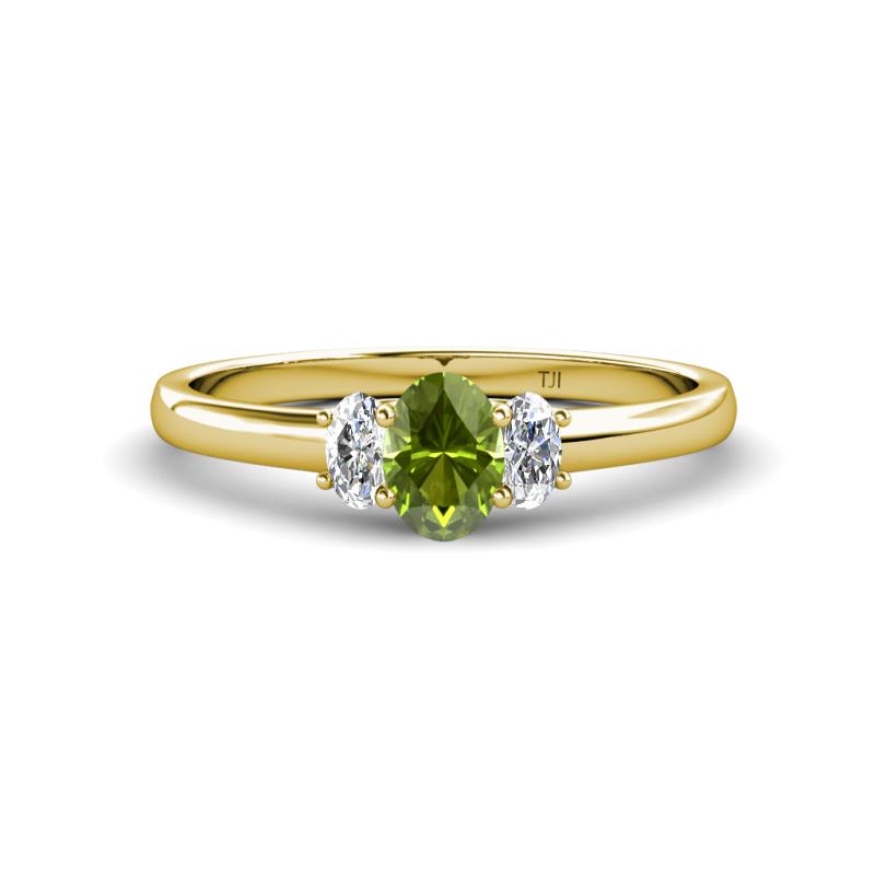 Gemma 7x5 mm Oval Cut Peridot and Lab Grown Diamond Trellis Three Stone Engagement Ring 