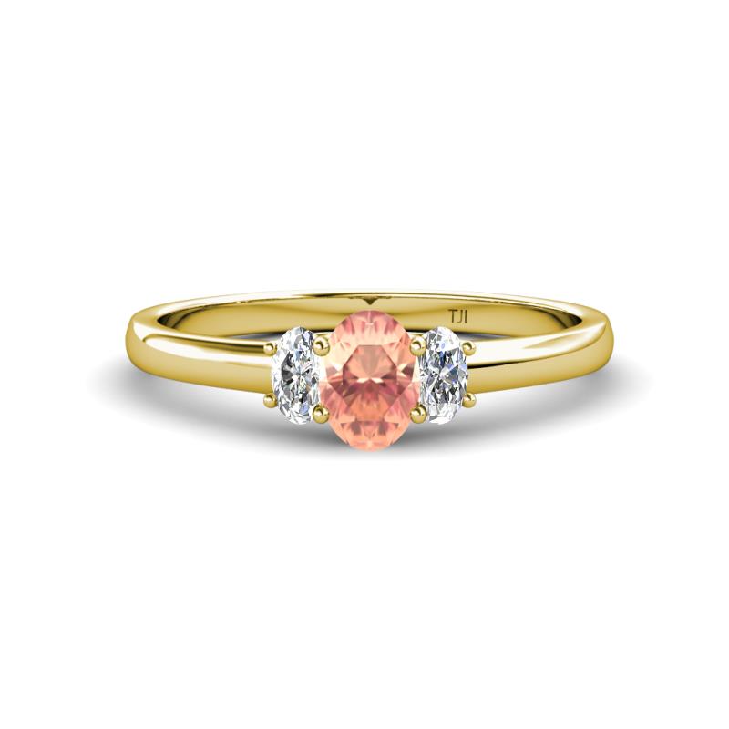 Gemma 7x5 mm Oval Cut Morganite and Lab Grown Diamond Trellis Three Stone Engagement Ring 