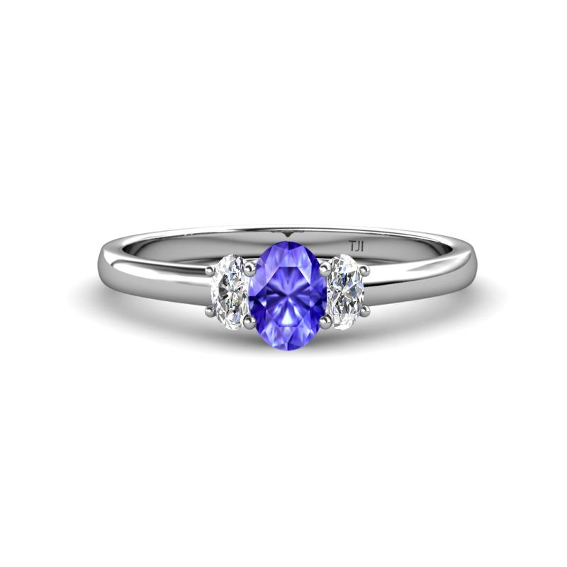 Gemma 7x5 mm Oval Cut Tanzanite and Lab Grown Diamond Trellis Three Stone Engagement Ring 