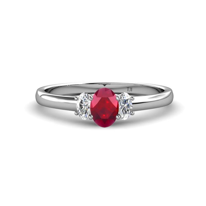 Gemma 7x5 mm Oval Cut Ruby and Lab Grown Diamond Trellis Three Stone Engagement Ring 