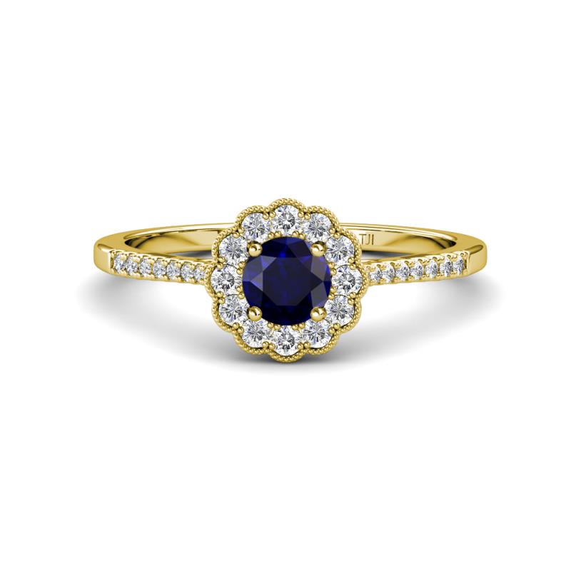 Caline Desire Round Blue Sapphire and Diamond Floral Halo Engagement Ring 