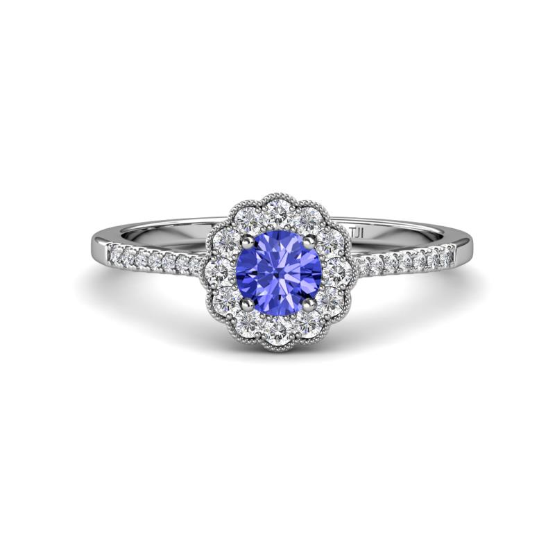 Caline Desire Round Tanzanite and Diamond Floral Halo Engagement Ring 
