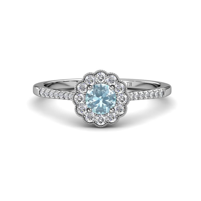 Caline Desire Round Aquamarine and Diamond Floral Halo Engagement Ring 