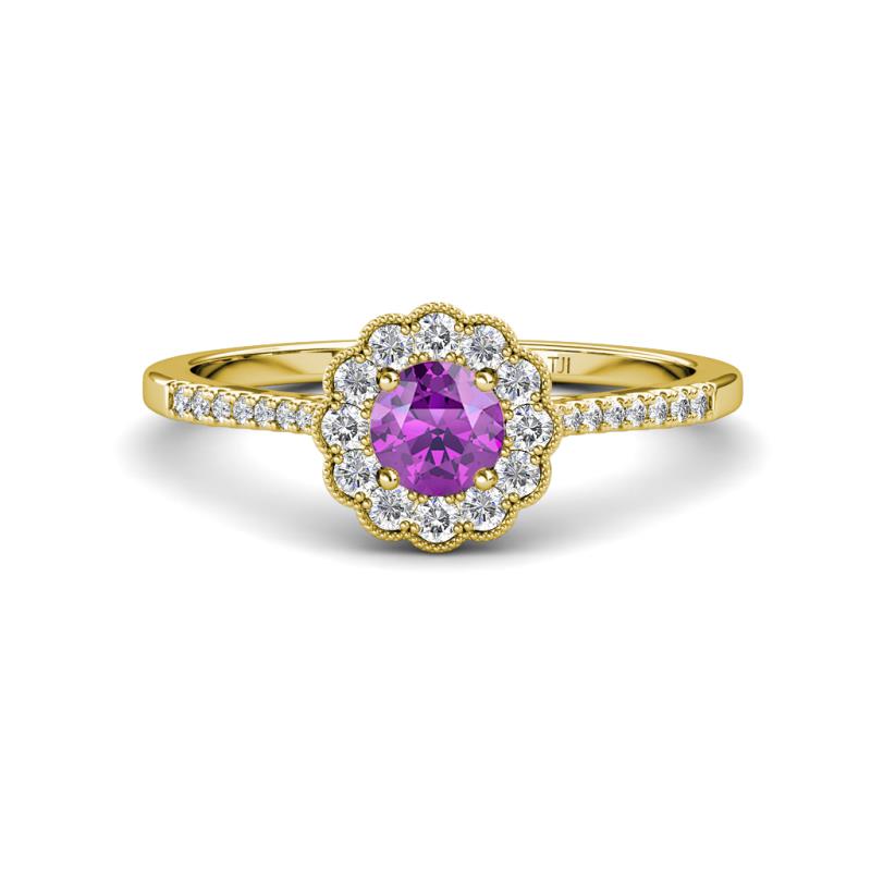 Caline Desire Round Amethyst and Diamond Floral Halo Engagement Ring 
