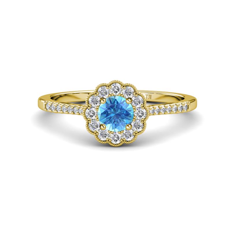 Caline Desire Round Blue Topaz and Diamond Floral Halo Engagement Ring 