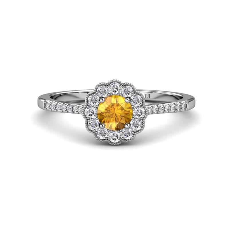 Caline Desire Round Citrine and Diamond Floral Halo Engagement Ring 