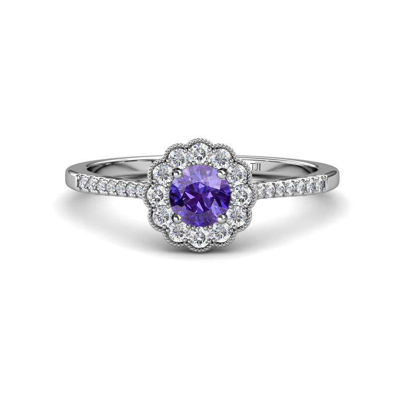 Caline Desire Round Iolite and Diamond Floral Halo Engagement Ring 