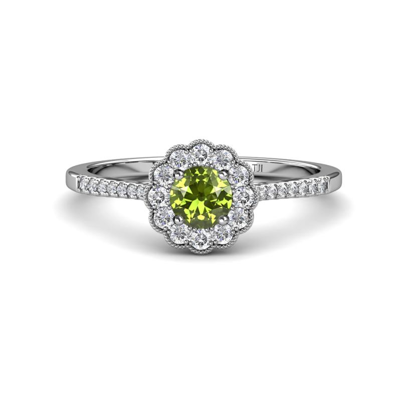 Caline Desire Round Peridot and Diamond Floral Halo Engagement Ring 