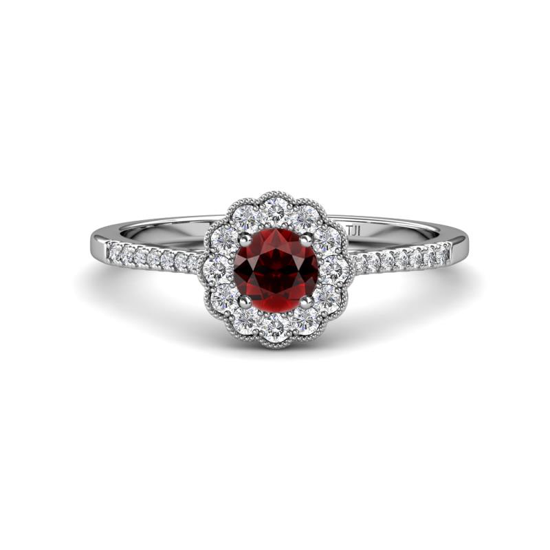 Caline Desire Round Red Garnet and Diamond Floral Halo Engagement Ring 
