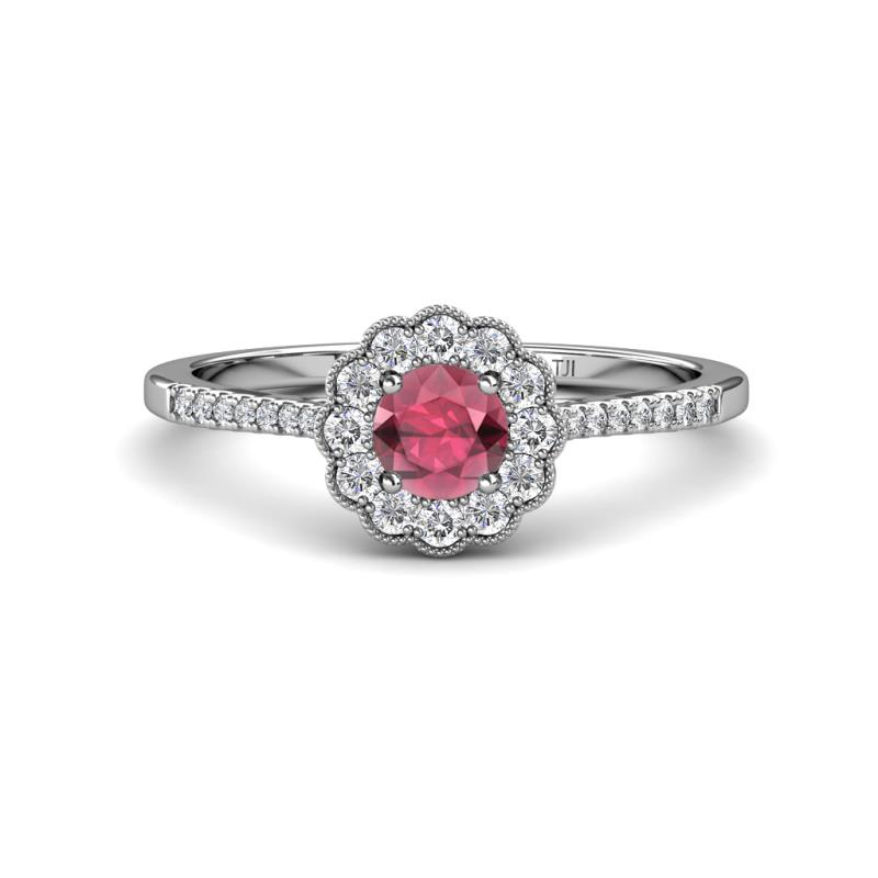Caline Desire Round Rhodolite Garnet and Diamond Floral Halo Engagement Ring 