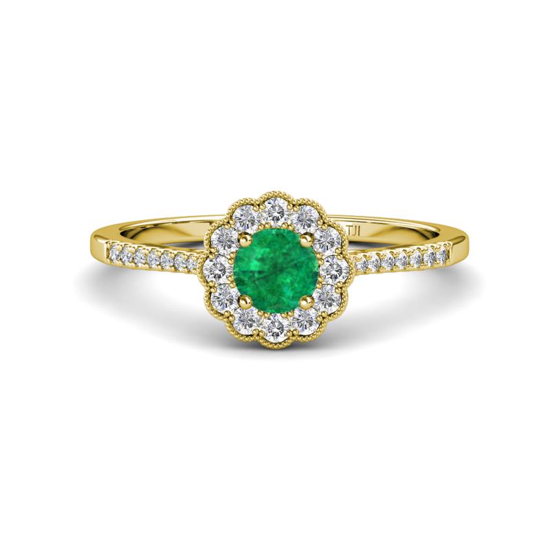 Caline Desire Round Emerald and Diamond Floral Halo Engagement Ring 