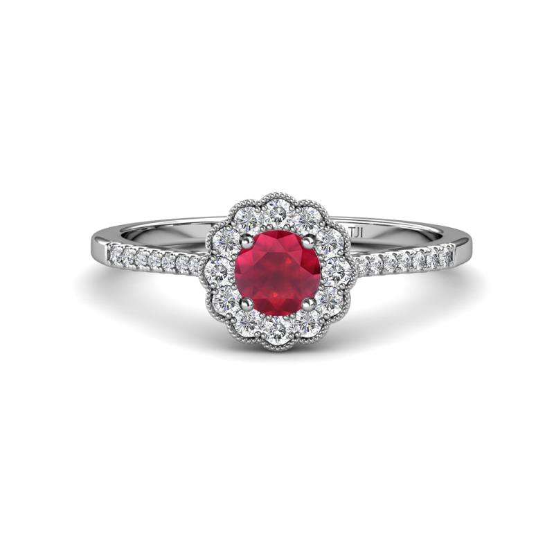 Caline Desire Round Ruby and Diamond Floral Halo Engagement Ring 
