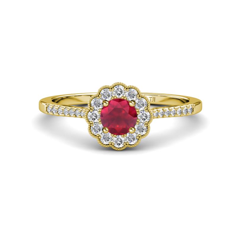 Caline Desire Round Ruby and Diamond Floral Halo Engagement Ring 