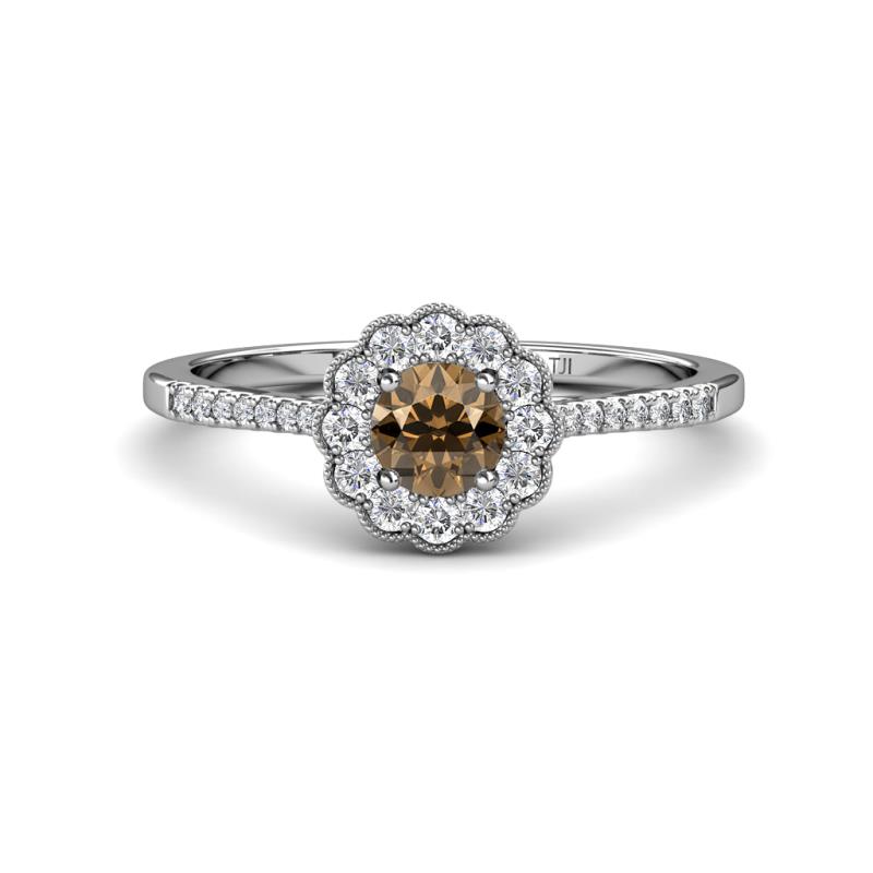 Caline Desire Round Smoky Quartz and Diamond Floral Halo Engagement Ring 