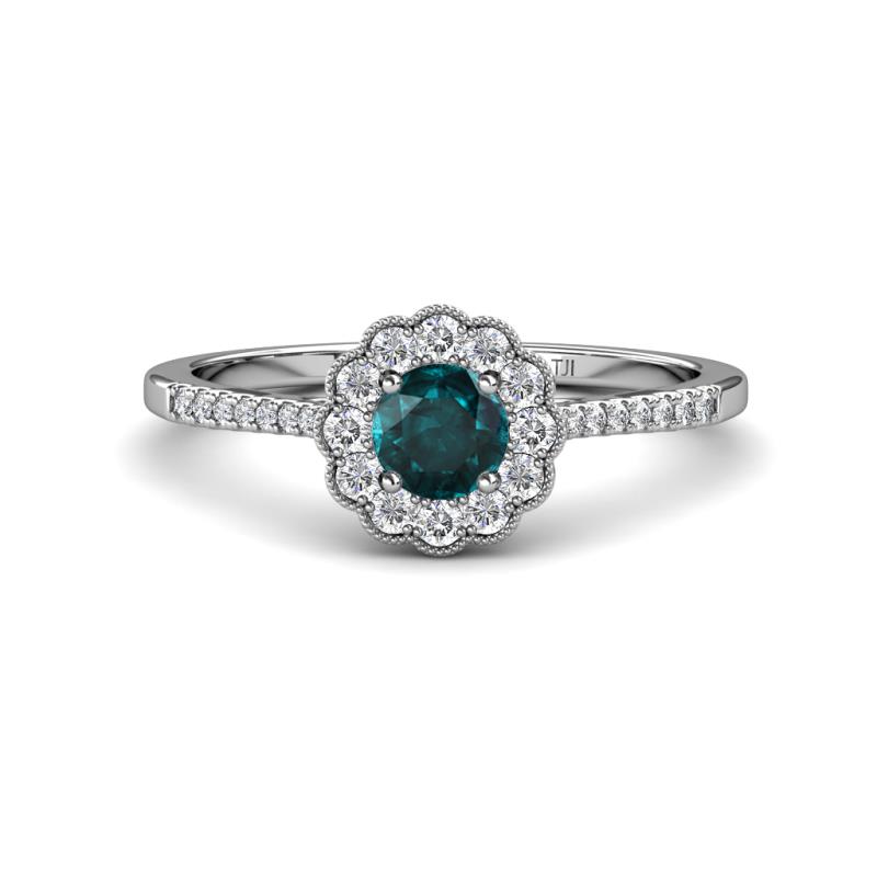 Caline Desire Round London Blue Topaz and Diamond Floral Halo Engagement Ring 