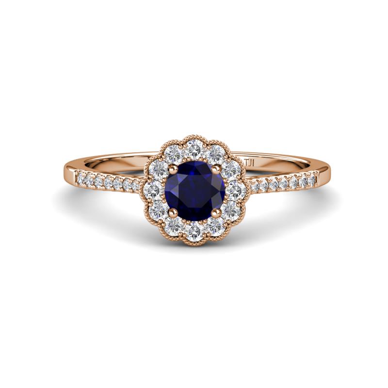 Caline Desire Round Blue Sapphire and Diamond Floral Halo Engagement Ring 
