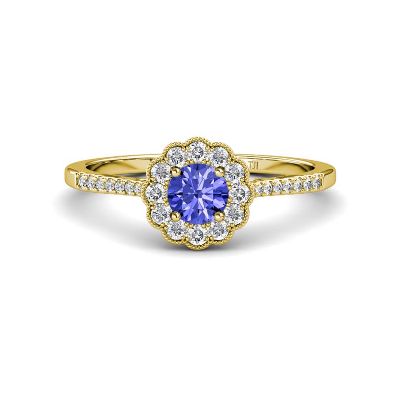 Caline Desire Round Tanzanite and Diamond Floral Halo Engagement Ring 