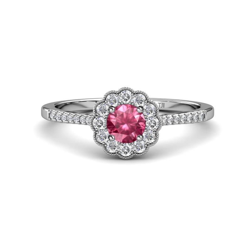 Caline Desire Round Pink Tourmaline and Diamond Floral Halo Engagement Ring 