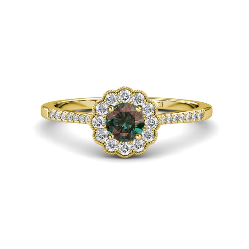 Caline Desire Round Lab Created Alexandrite and Round Diamond Floral Halo Engagement Ring 
