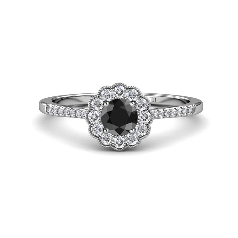 Caline Desire Round Black and White Diamond Floral Halo Engagement Ring 