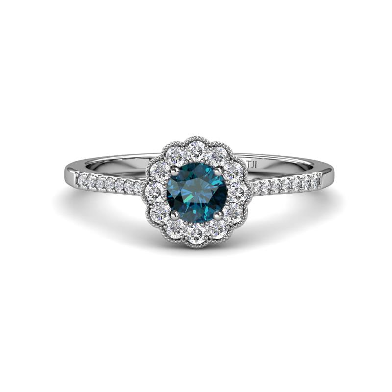 Caline Desire Round Blue and White Diamond Floral Halo Engagement Ring 