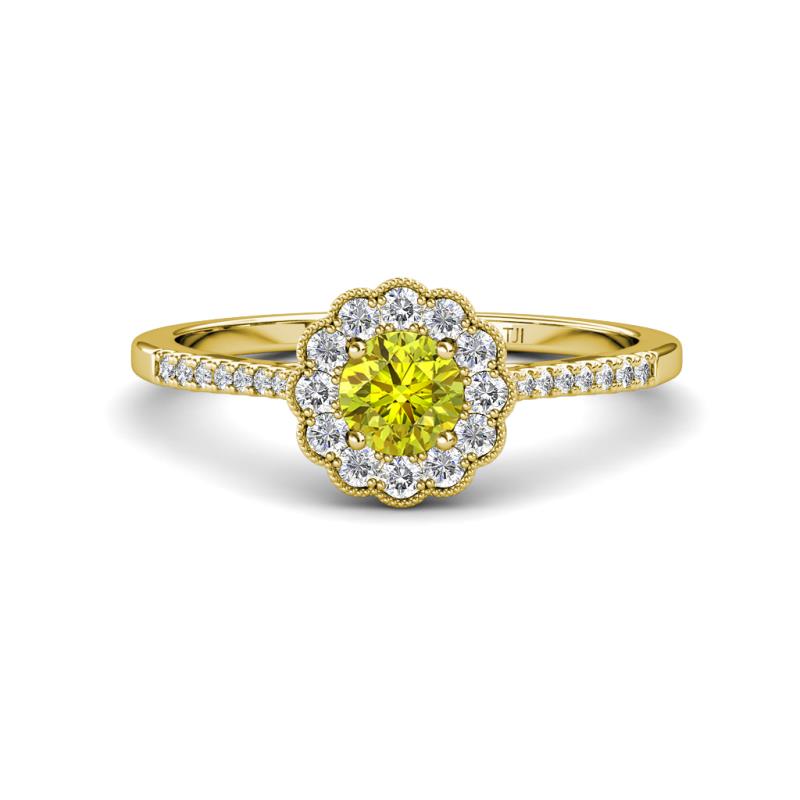 Caline Desire Round Yellow and White Diamond Floral Halo Engagement Ring 