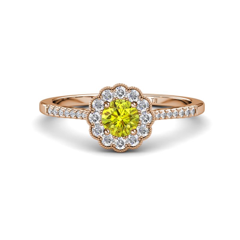 Caline Desire Round Yellow and White Diamond Floral Halo Engagement Ring 