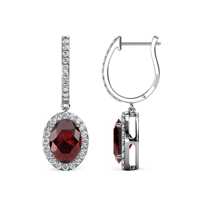 Ilona Oval Cut Red Garnet and Diamond Halo Dangling Earrings 
