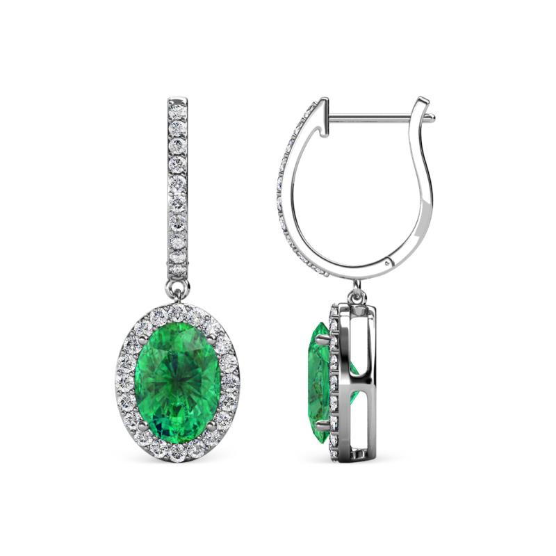 Ilona Oval Cut Emerald and Diamond Halo Dangling Earrings 