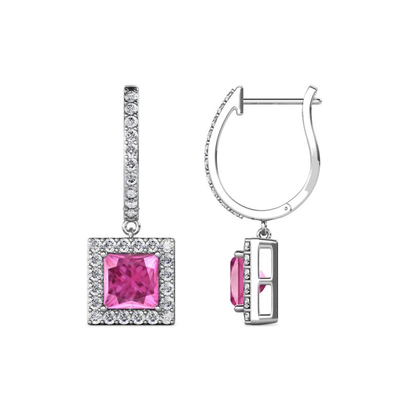Ilona (5.5mm) Princess Cut Lab Created Pink Sapphire and Round Diamond Halo Dangling Earrings 