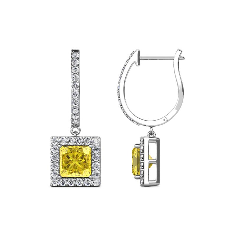 Ilona (5.5mm) Princess Cut Lab Created Yellow Sapphire and Round Diamond Halo Dangling Earrings 