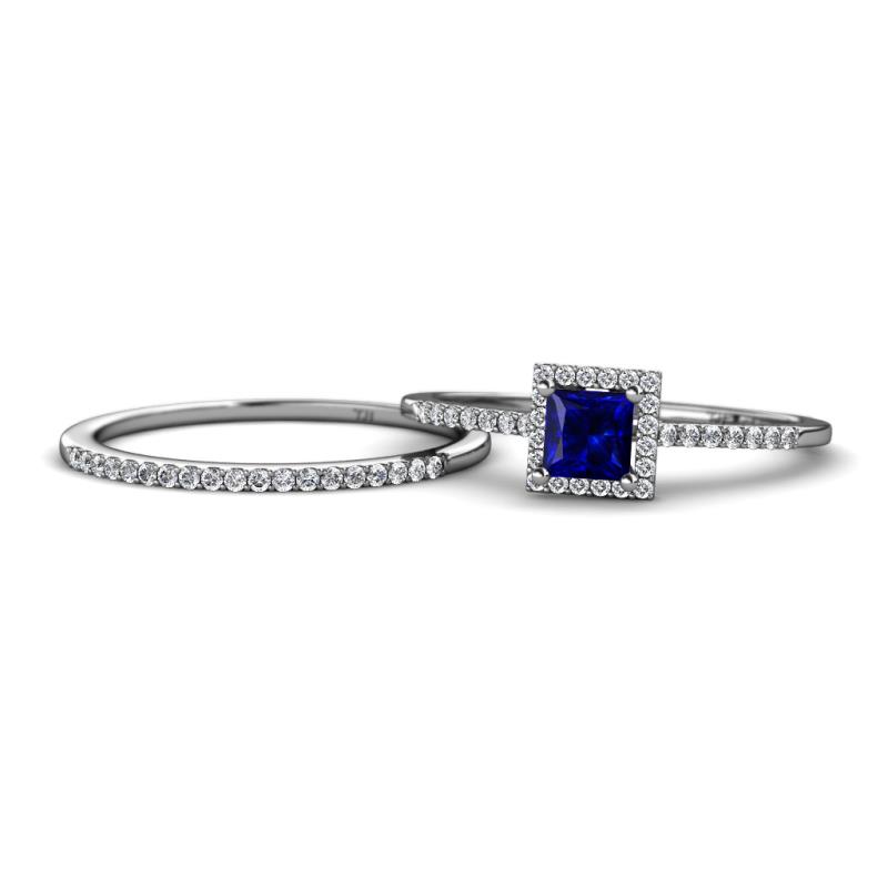 Junia 5.50 mm Princess Cut Lab Created Blue Sapphire and Round Diamond Bridal Set Ring 