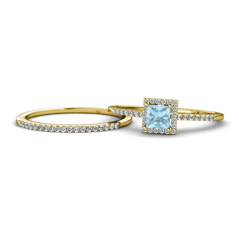 Junia 5.50 mm Princess Cut Aquamarine and Round Diamond Bridal Set Ring 