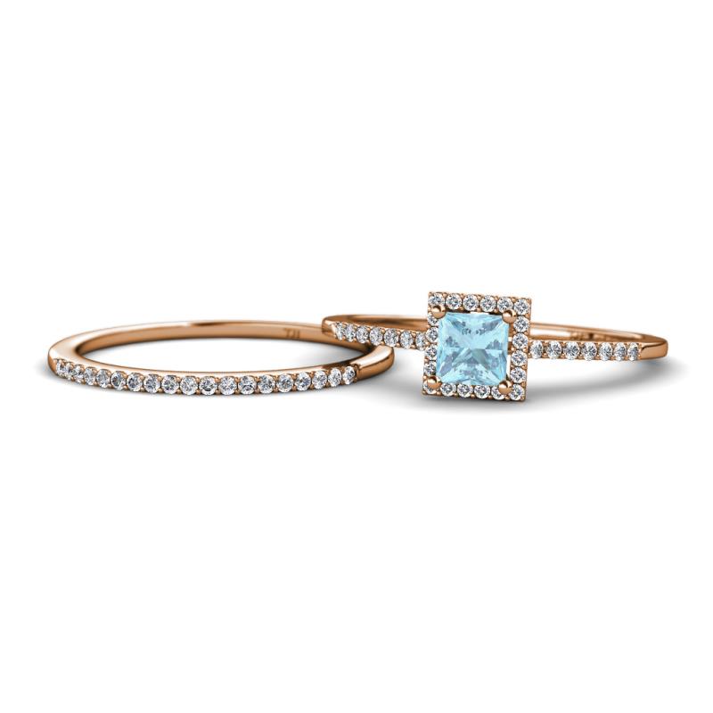 Junia 5.50 mm Princess Cut Aquamarine and Round Diamond Bridal Set Ring 