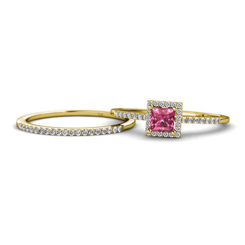 Junia 5.50 mm Princess Cut Pink Tourmaline and Round Diamond Bridal Set Ring 